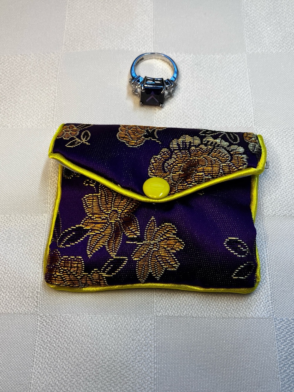 Square Silver Plated Faceted Purple Statement Ring with Floral Brocade Pouch, 7